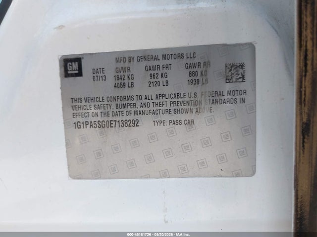2014 Chevrolet Cruze Ls Auto მანქანა იყიდება აუქციონზე, vin: 1G1PA5SG0E7138292, აუქციონის ნომერი: 45181726
