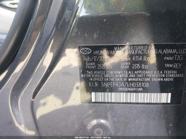Продажа на аукционе авто 2020 Hyundai Sonata Sel, vin: 5NPEF4JA7LH038108, номер лота: 45181744