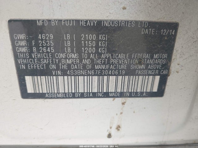 Aukcja sprzedaży 2015 Subaru Legacy 3.6r Limited, vin: 4S3BNEN67F3040619, numer aukcji: 45181746