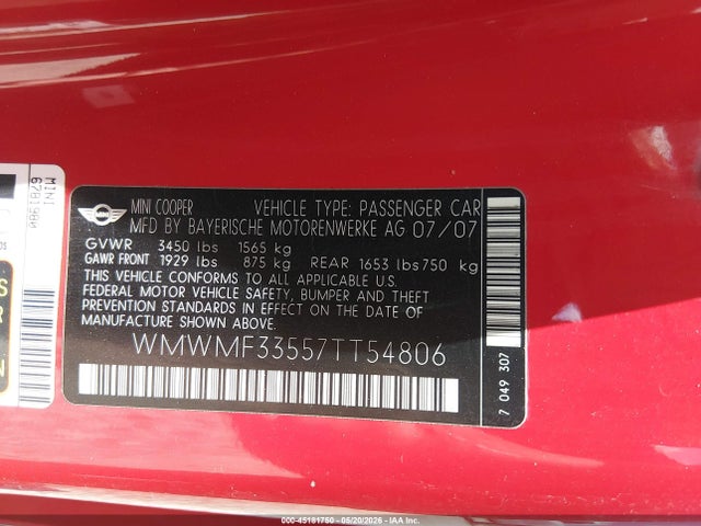 Aukcja sprzedaży 2007 Mini Cooper, vin: WMWMF33557TT54806, numer aukcji: 45181750