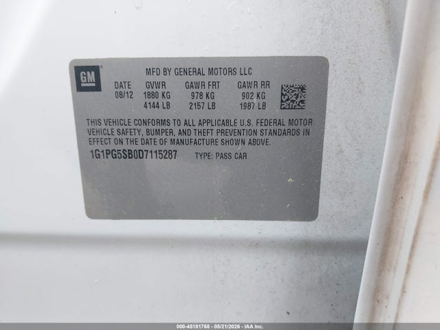 2013 Chevrolet Cruze Ltz მანქანა იყიდება აუქციონზე, vin: 1G1PG5SB0D7115287, აუქციონის ნომერი: 45181768