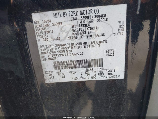 Aukcja sprzedaży 2005 Ford F-150 Stx/xl/xlt, vin: 1FTRF12W45NA42727, numer aukcji: 45181775