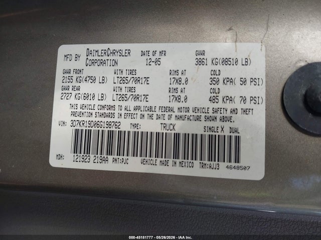 Продаж на аукціоні авто 2006 Dodge Ram 1500 Slt, vin: 3D7KR19D06G198762, номер лоту: 45181777