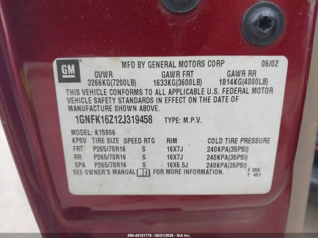 45181778 :رقم المزاد ، 1GNFK16Z12J319458 vin ، 2002 Chevrolet Suburban 1500 Lt مزاد بيع