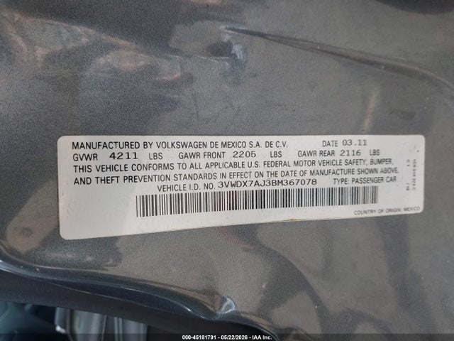 45181791 :رقم المزاد ، 3VWDX7AJ3BM367078 vin ، 2011 Volkswagen Jetta 2.5l Se مزاد بيع