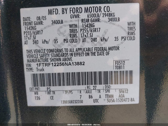 2006 Ford F-150 Stx/xl/xlt მანქანა იყიდება აუქციონზე, vin: 1FTRF12256NA13882, აუქციონის ნომერი: 45181810