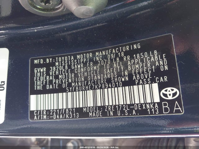Продаж на аукціоні авто 2019 Toyota Corolla Le, vin: 5YFBURHE7KP894010, номер лоту: 45181816