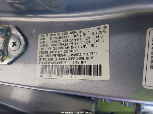 Продажа на аукционе авто 2008 Honda Cr-v Ex, vin: JHLRE48548C077161, номер лота: 45181820