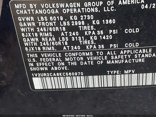Aukcja sprzedaży 2019 Volkswagen Atlas 3.6l V6 Se W/technology, vin: 1V2UR2CA6KC560970, numer aukcji: 45181822