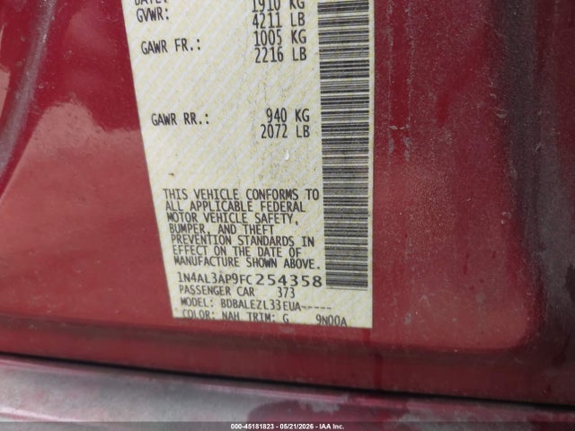 45181823 :رقم المزاد ، 1N4AL3AP9FC254358 vin ، 2015 Nissan Altima 2.5/2.5 S/2.5 Sl/2.5 Sv مزاد بيع