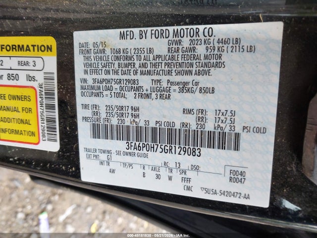 Aukcja sprzedaży 2016 Ford Fusion Se, vin: 3FA6P0H75GR129083, numer aukcji: 45181830