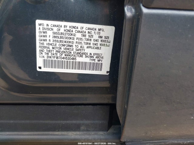 2004 Honda Pilot Ex-l მანქანა იყიდება აუქციონზე, vin: 2HKYF18704H530485, აუქციონის ნომერი: 45181841
