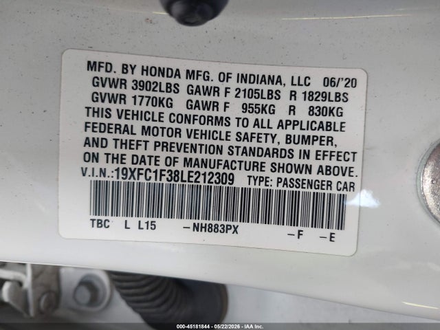 Aukcja sprzedaży 2020 Honda Civic Ex, vin: 19XFC1F38LE212309, numer aukcji: 45181844