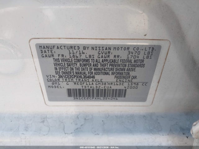 Aukcja sprzedaży 2017 Nissan Versa Note Sv, vin: 3N1CE2CPXHL354046, numer aukcji: 45181845