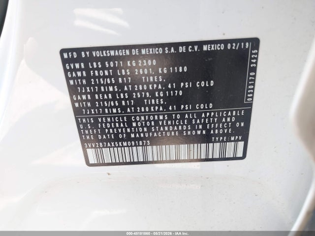 45181860 :رقم المزاد ، 3VV2B7AX5KM091873 vin ، 2019 Volkswagen Tiguan 2.0t Se/2.0t Sel/2.0t Sel R-line/2.0t Sel R-line Black مزاد بيع
