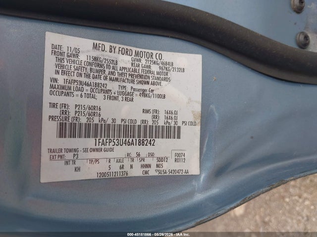 45181866 :رقم المزاد ، 1FAFP53U46A188242 vin ، 2006 Ford Taurus Se مزاد بيع