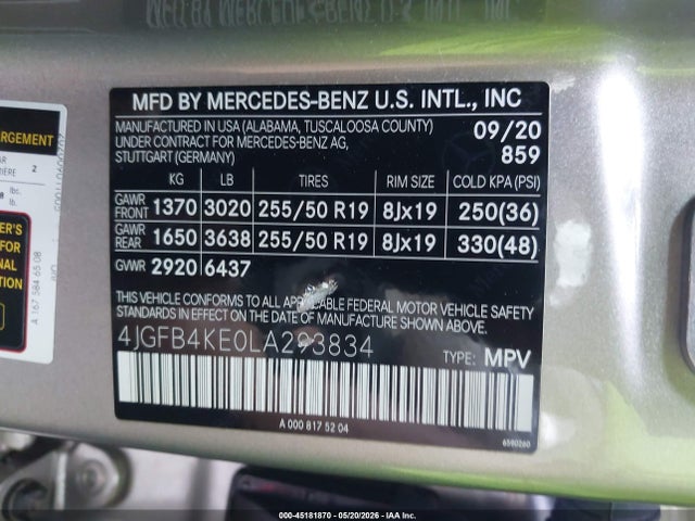 Aukcja sprzedaży 2020 Mercedes-benz Gle 350 4matic, vin: 4JGFB4KE0LA293834, numer aukcji: 45181870