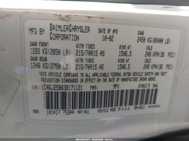 Aukcja sprzedaży 2003 Chrysler Voyager, vin: 1C4GJ25B63B171121, numer aukcji: 45181871