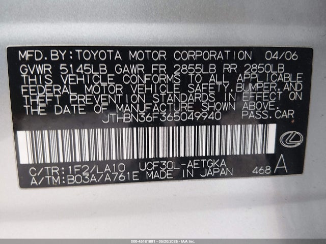 Продаж на аукціоні авто 2006 Lexus Ls 430, vin: JTHBN36F365049940, номер лоту: 45181881