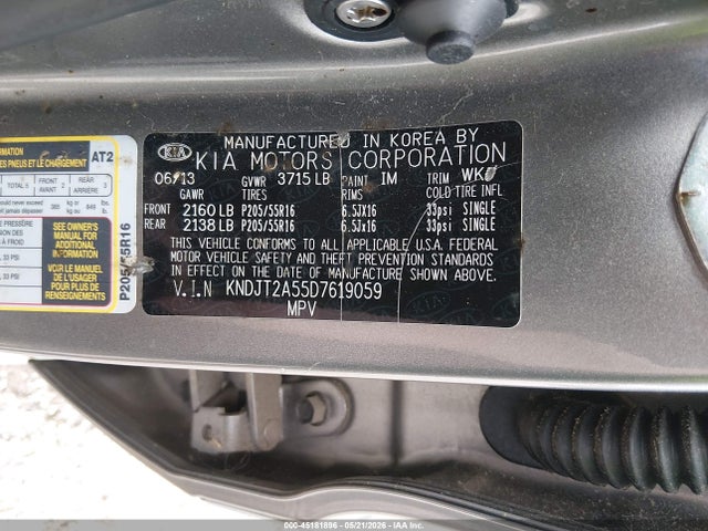 45181896 :رقم المزاد ، KNDJT2A55D7619059 vin ، 2013 Kia Soul مزاد بيع