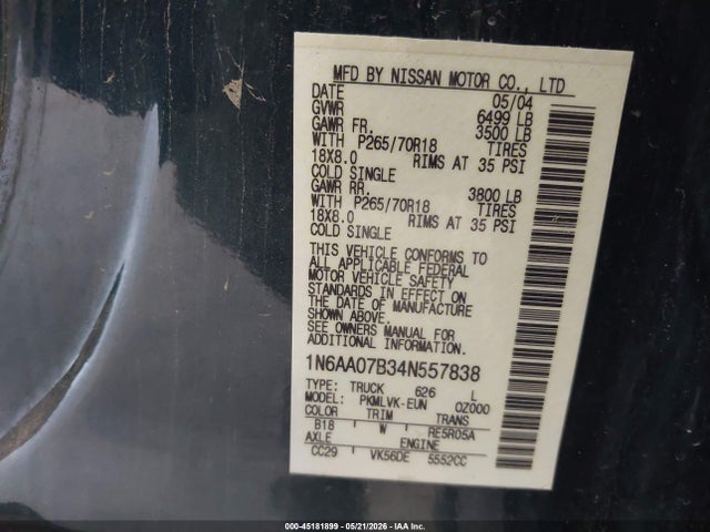 45181899 :رقم المزاد ، 1N6AA07B34N557838 vin ، 2004 Nissan Titan Le مزاد بيع