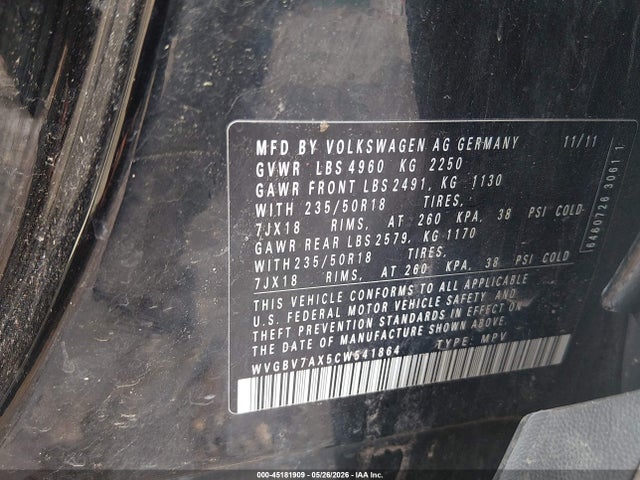 Aukcja sprzedaży 2012 Volkswagen Tiguan Se, vin: WVGBV7AX5CW541864, numer aukcji: 45181909