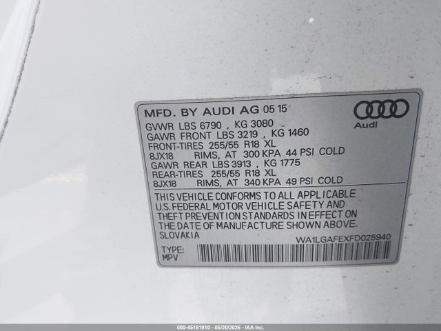 45181910 :رقم المزاد ، WA1LGAFEXFD025940 vin ، 2015 Audi Q7 3.0t Premium مزاد بيع