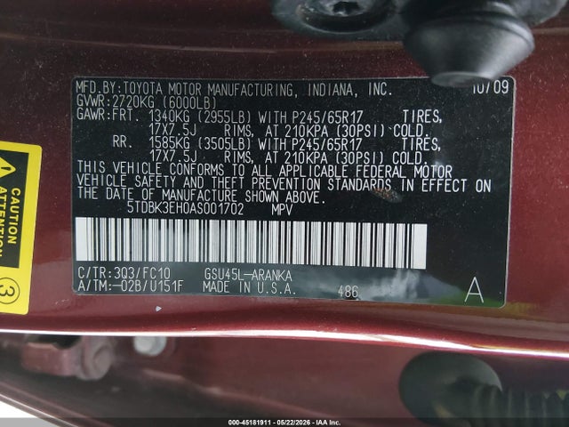 Aukcja sprzedaży 2010 Toyota Highlander Base V6, vin: 5TDBK3EH0AS001702, numer aukcji: 45181911