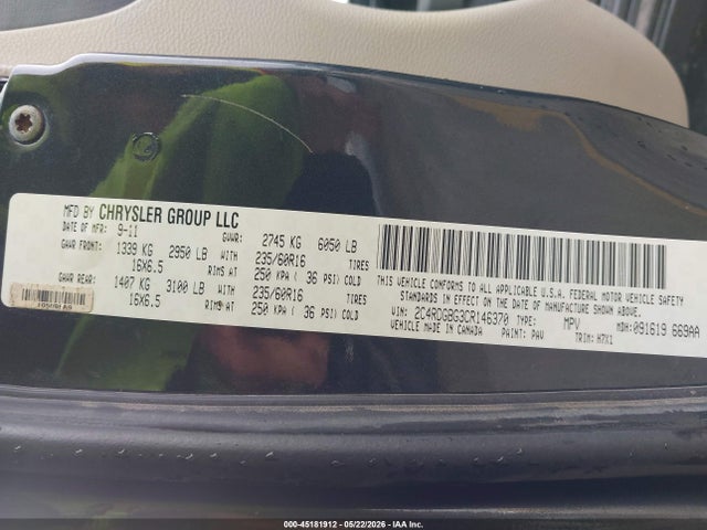 2012 Dodge Grand Caravan Se/avp მანქანა იყიდება აუქციონზე, vin: 2C4RDGBG3CR146370, აუქციონის ნომერი: 45181912