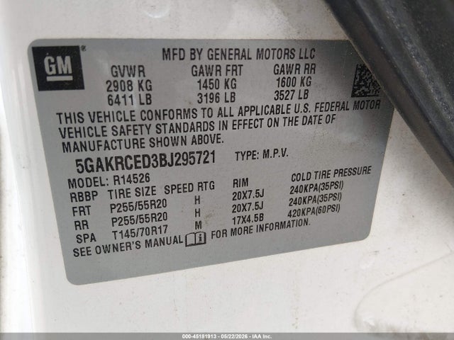 2011 Buick Enclave 2xl მანქანა იყიდება აუქციონზე, vin: 5GAKRCED3BJ295721, აუქციონის ნომერი: 45181913