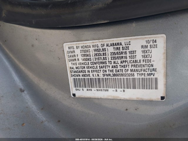 45181914 :رقم المزاد ، 5FNRL38665B023266 vin ، 2005 Honda Odyssey Ex-l مزاد بيع