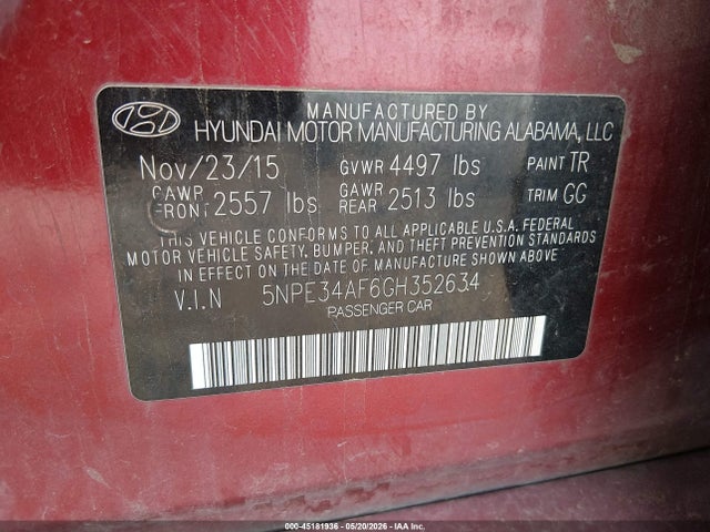 Aukcja sprzedaży 2016 Hyundai Sonata Sport, vin: 5NPE34AF6GH352634, numer aukcji: 45181936