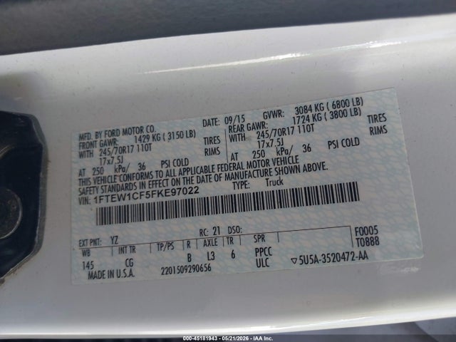 Aukcja sprzedaży 2015 Ford F-150 Xl, vin: 1FTEW1CF5FKE97022, numer aukcji: 45181943
