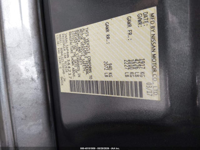 2017 Nissan Altima 2.5 S მანქანა იყიდება აუქციონზე, vin: 1N4AL3AP4HN344217, აუქციონის ნომერი: 45181959