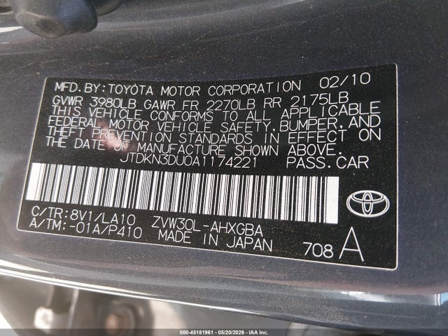 Aukcja sprzedaży 2010 Toyota Prius Iv, vin: JTDKN3DU0A1174221, numer aukcji: 45181961