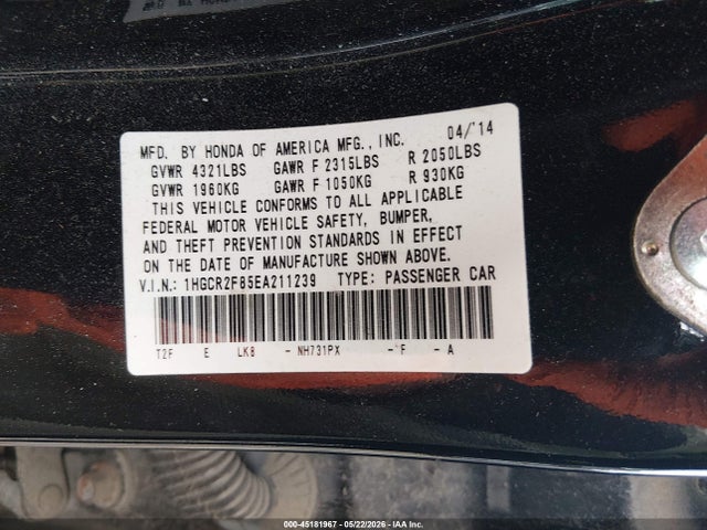 1HGCR2F85EA211239 Honda Accord Ex-l