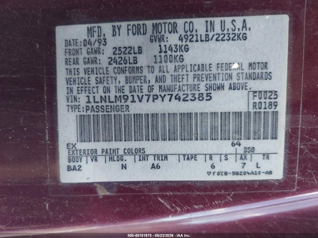 Aukcja sprzedaży 1993 Lincoln Mark Viii, vin: 1LNLM91V7PY742385, numer aukcji: 45181975