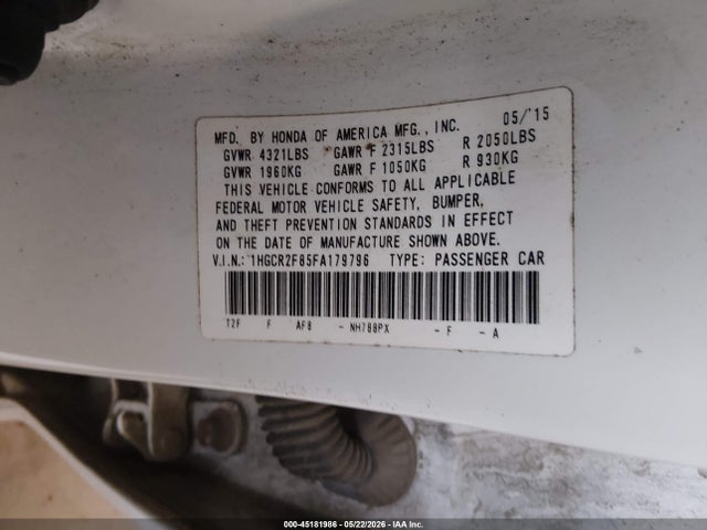 2015 Honda Accord Ex-l მანქანა იყიდება აუქციონზე, vin: 1HGCR2F85FA179796, აუქციონის ნომერი: 45181986