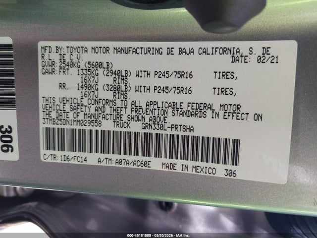 45181989 :رقم المزاد ، 3TMBZ5DN1MM029558 vin ، 2021 Toyota Tacoma Sr5 V6 مزاد بيع