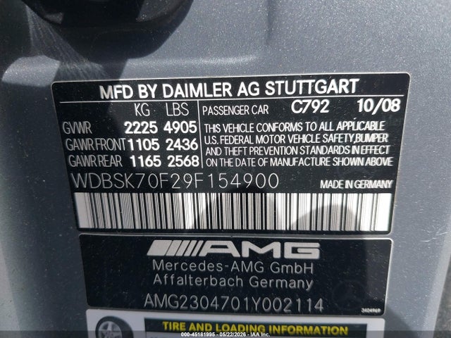 45181995 :رقم المزاد ، WDBSK70F29F154900 vin ، 2009 Mercedes-benz Sl 63 Amg مزاد بيع