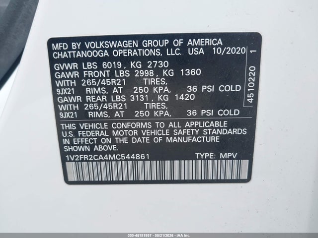 45181997 :رقم المزاد ، 1V2FR2CA4MC544861 vin ، 2021 Volkswagen Atlas 3.6l V6 Sel Premium R-line مزاد بيع
