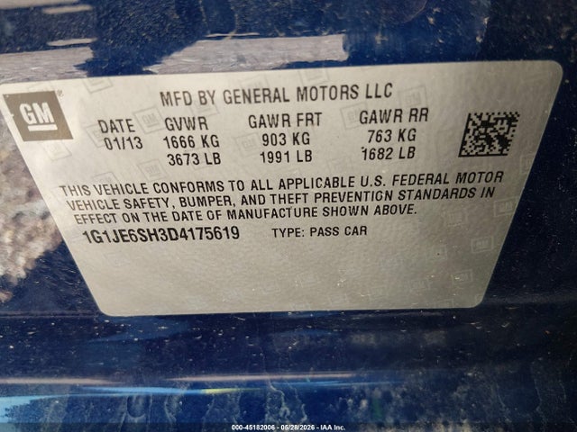 2013 Chevrolet Sonic Ltz Auto მანქანა იყიდება აუქციონზე, vin: 1G1JE6SH3D4175619, აუქციონის ნომერი: 45182006
