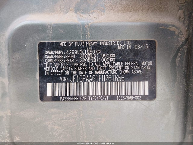 45182024 :رقم المزاد ، JF1GPAA61FH261656 vin ، 2015 Subaru Impreza 2.0i مزاد بيع
