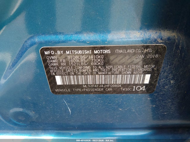 45182026 :رقم المزاد ، ML32F4FJ4JHF09404 vin ، 2018 Mitsubishi Mirage G4 Se مزاد بيع