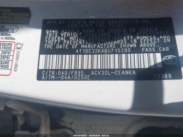 Aukcja sprzedaży 2006 Toyota Camry Le, vin: 4T1BE32K46U715290, numer aukcji: 45182027