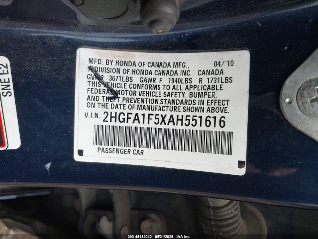 2010 Honda Civic Lx მანქანა იყიდება აუქციონზე, vin: 2HGFA1F5XAH551616, აუქციონის ნომერი: 45182042