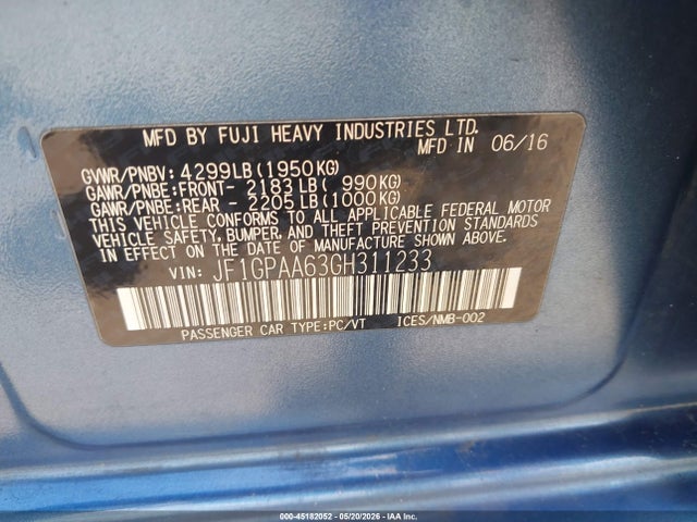 Продаж на аукціоні авто 2016 Subaru Impreza 2.0i, vin: JF1GPAA63GH311233, номер лоту: 45182052