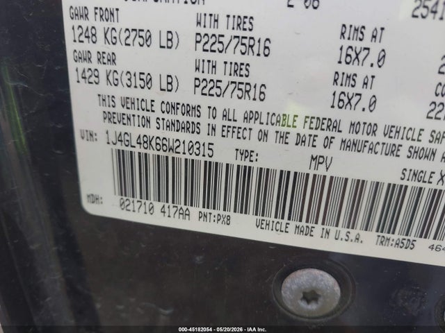 45182054 :رقم المزاد ، 1J4GL48K66W210315 vin ، 2006 Jeep Liberty Sport مزاد بيع