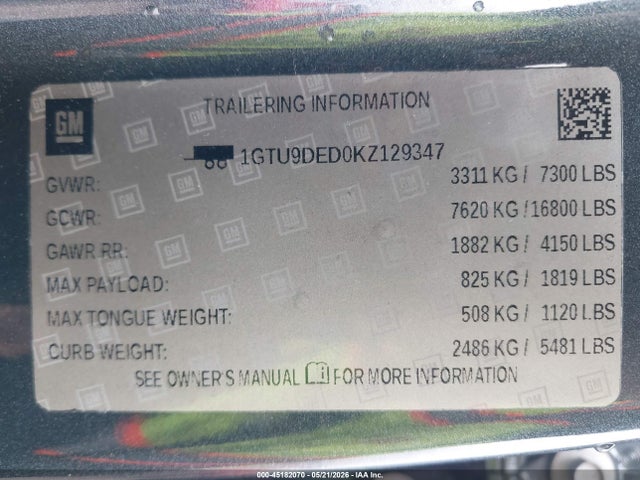 45182070 :رقم المزاد ، 1GTU9DED0KZ129347 vin ، 2019 Gmc Sierra 1500 Slt مزاد بيع