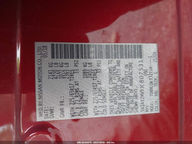 Aukcja sprzedaży 2018 Nissan Rogue Sv, vin: 5N1AT2MV9JC807531, numer aukcji: 45182078